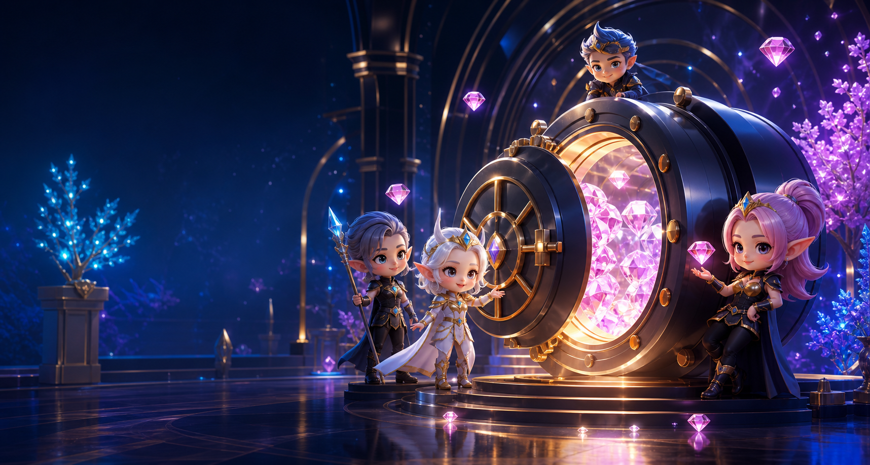 Coffre digital ZemVault avec cristaux et avatars elfiques